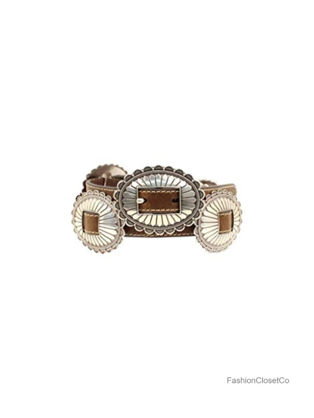 Western Leather Belt Oval Concho Silver Buckle Contrast Stitching